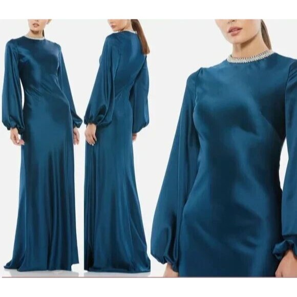 Mac Duggal Blue 26575 Rhinestone Collar Long Sleeve Formal Gown Dress NWT SZ 14 - Picture 1 of 6